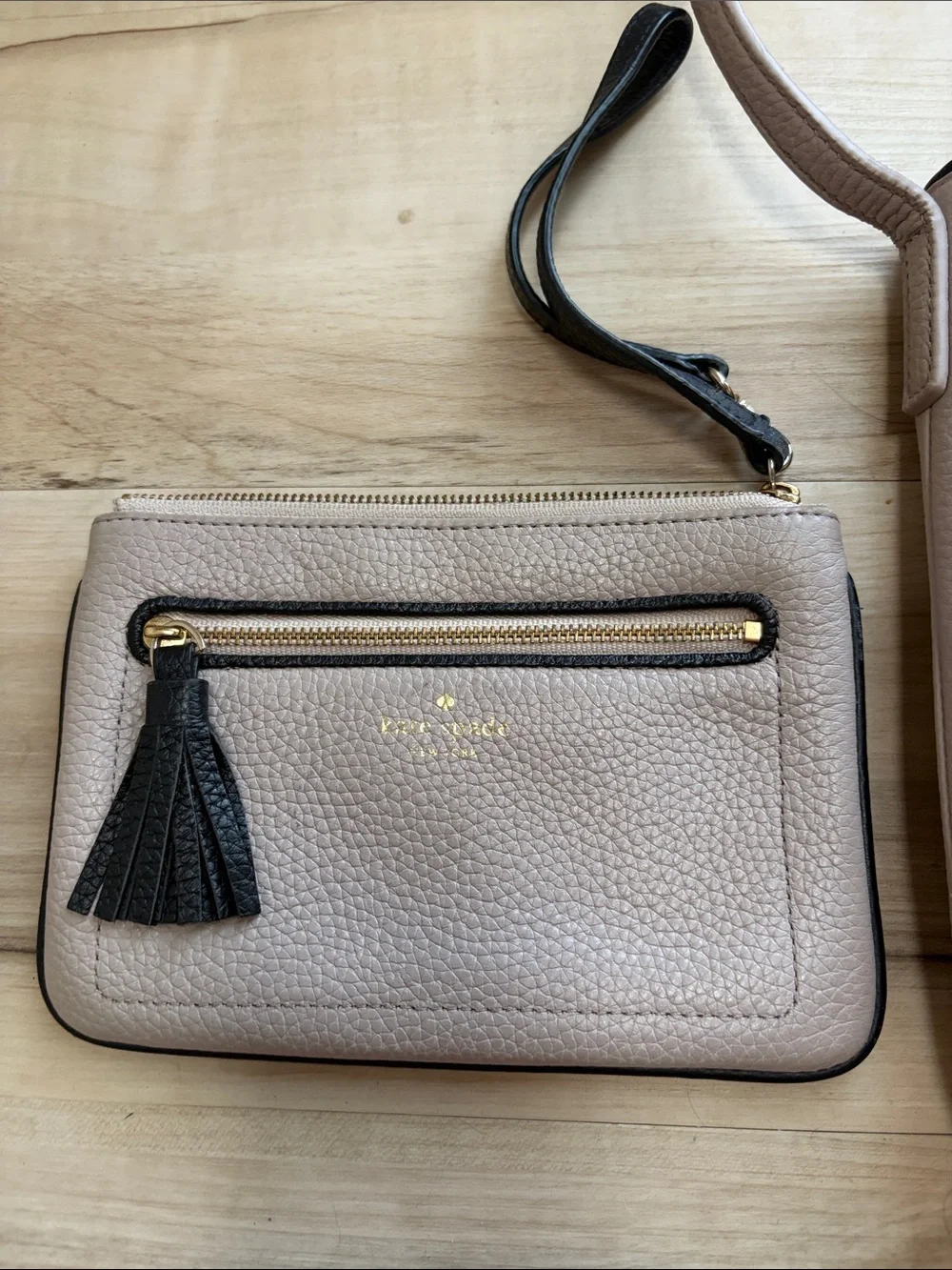 kate spade Pebble Leather Taupe Crossbody with Black Tassel Wristlet